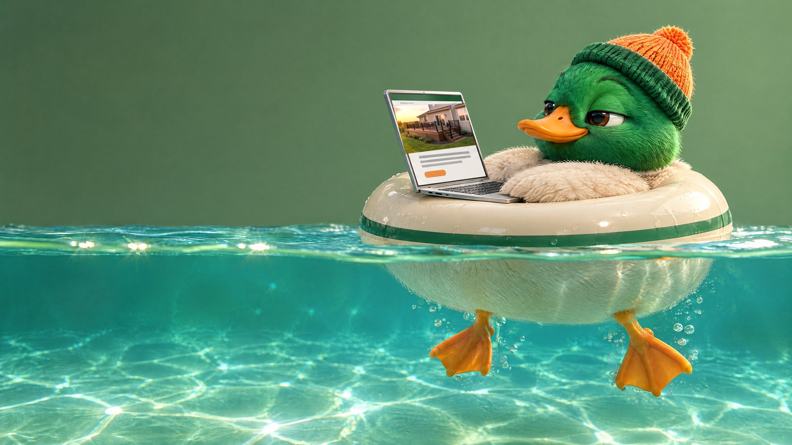 The Quattro duck lounging in a pool ring with a laptop on its lap, showing a local business website with a big photo of a finished home project. Above the water it looks completely relaxed; below the waterline its feet are still paddling.
