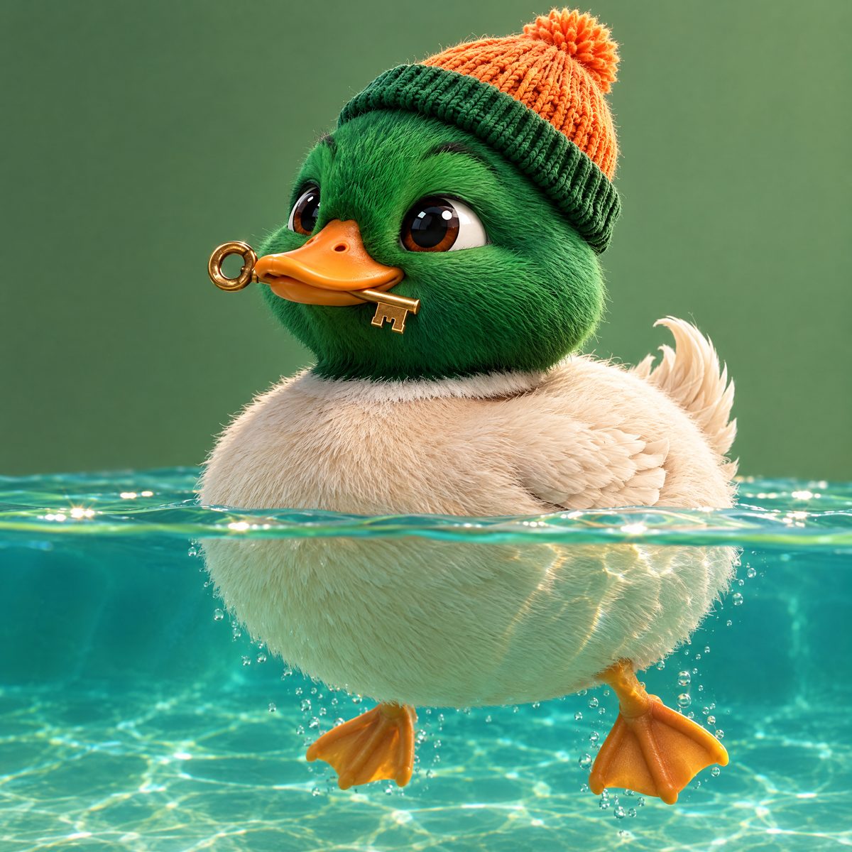 The Quattro duck afloat with a brass key held in its bill.